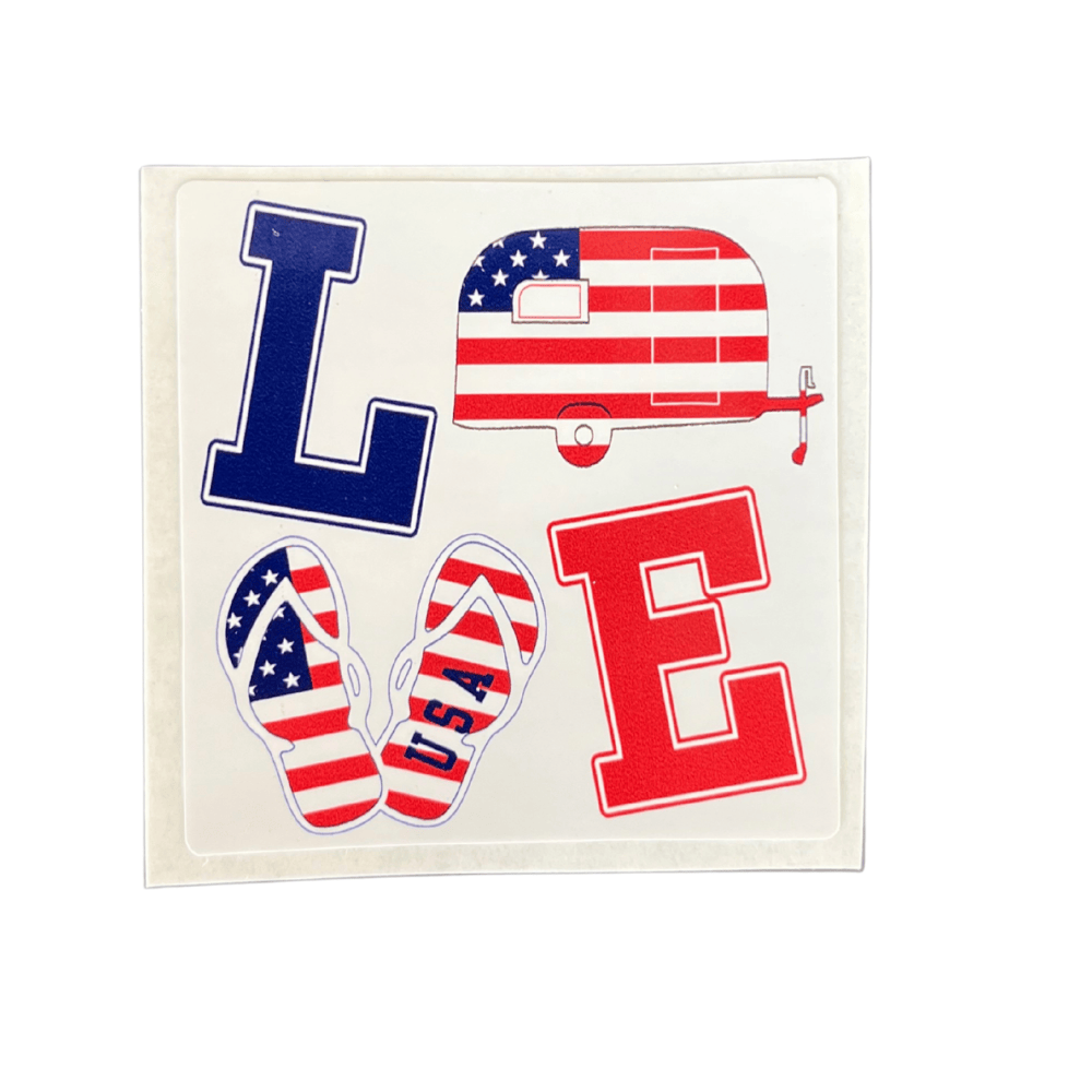 Patriotic LOVE sticker in vibrant colors displayed on a laptop. Designed from weather-resistant vinyl to showcase American pride.