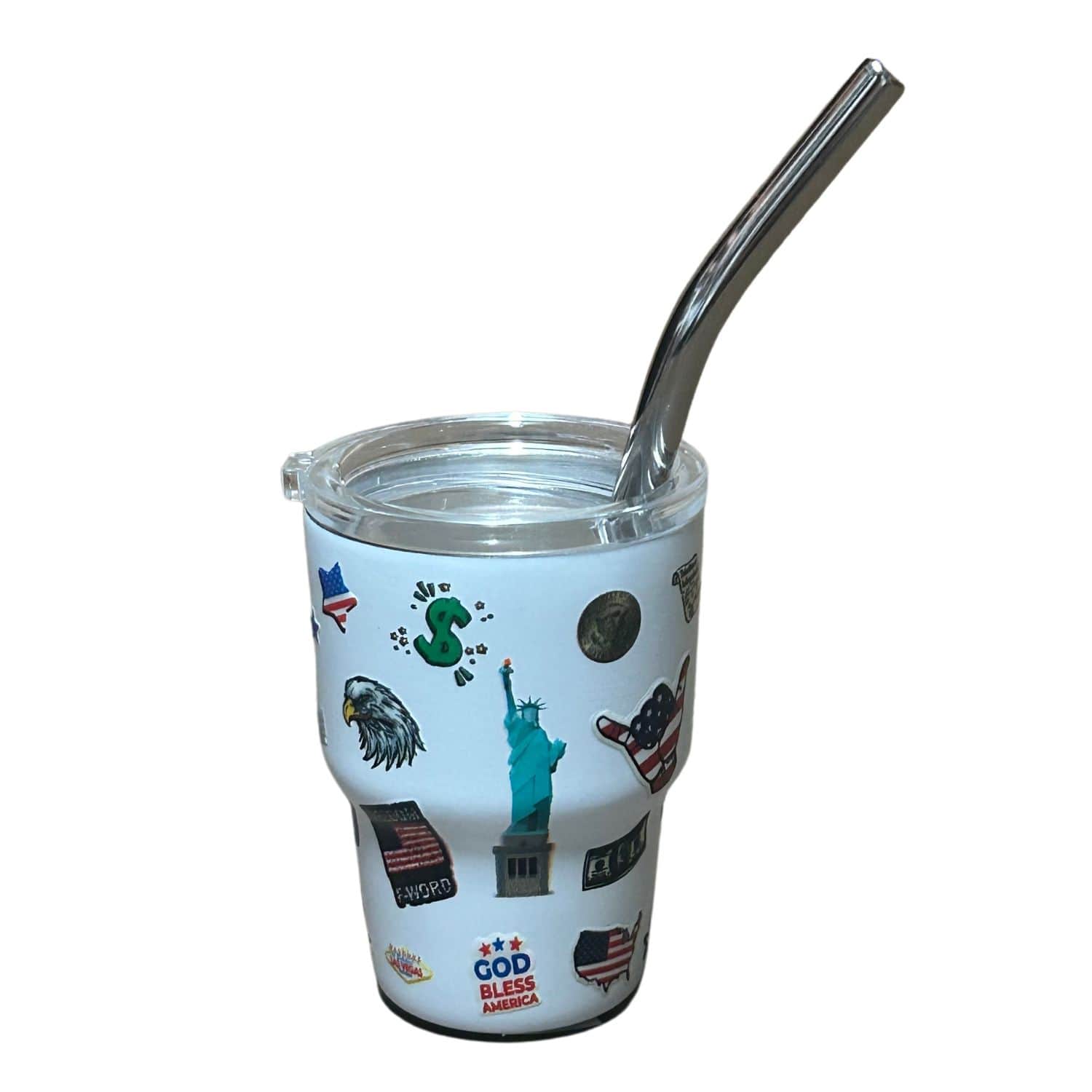 Patriotic Metal Shot Glass featuring vibrant USA, eagle, and flag designs, ideal for celebrations and showcasing American pride.