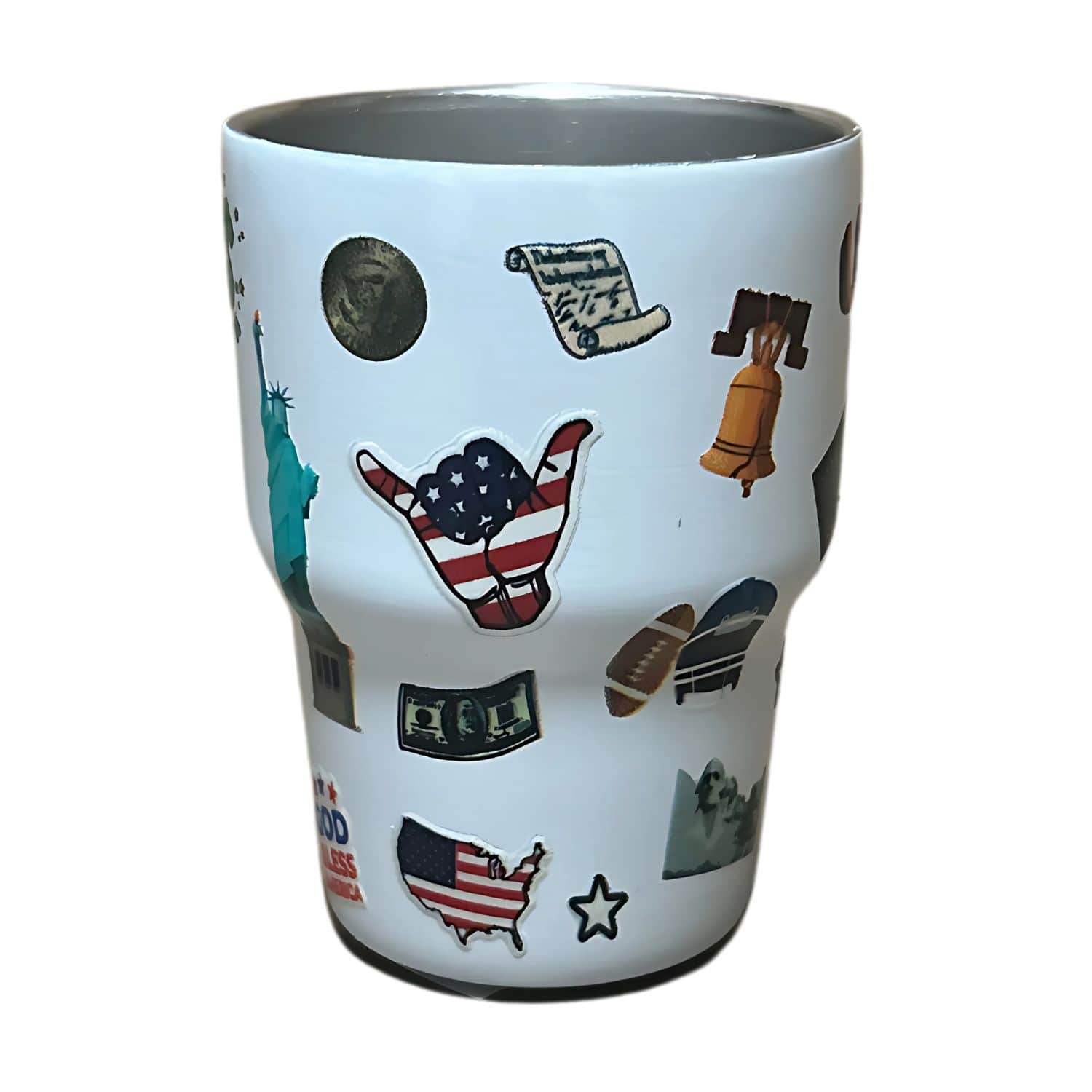 Patriotic Metal Shot Glass featuring vibrant USA, eagle, and flag designs, ideal for celebrations and showcasing American pride.
