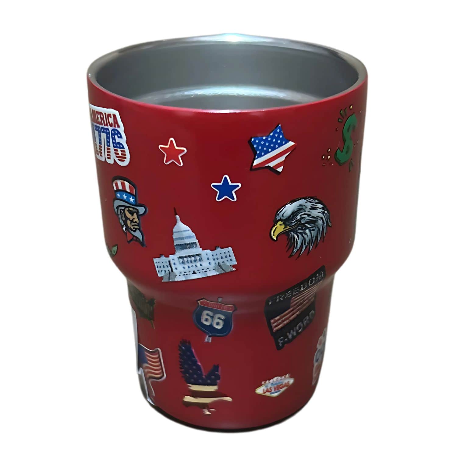 Patriotic Metal Shot Glass with shiny red finish featuring 'USA,' flags, and eagle designs held against a festive backdrop.