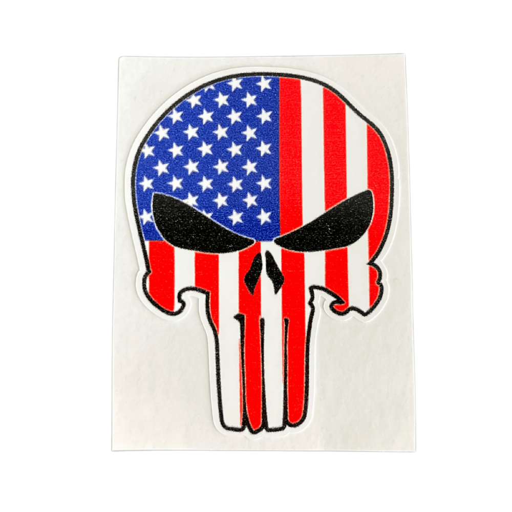 Patriotic Punisher Sticker featuring bold American imagery, displayed on a smooth surface, showcasing vibrant colors and strong adhesive backing.