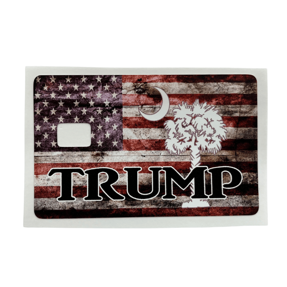 Patriotic SC Palm Trump credit card cover showcasing South Carolina palmetto, crescent, and a distressed American flag design, ideal for daily use.