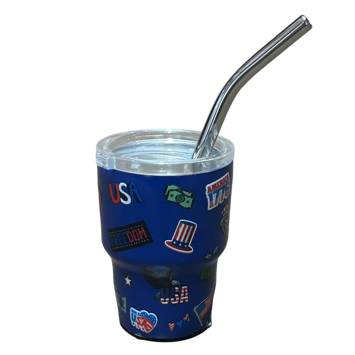 Patriotic Shot Glass in shiny blue metal, showcasing vibrant designs of 'USA', flags, and eagles, set against a festive backdrop.