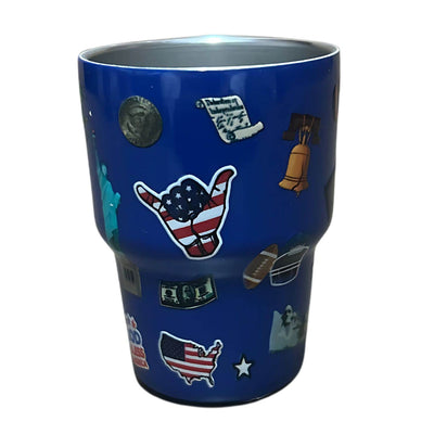 Patriotic Shot Glass in shiny blue metal, showcasing vibrant designs of 'USA', flags, and eagles, set against a festive backdrop.