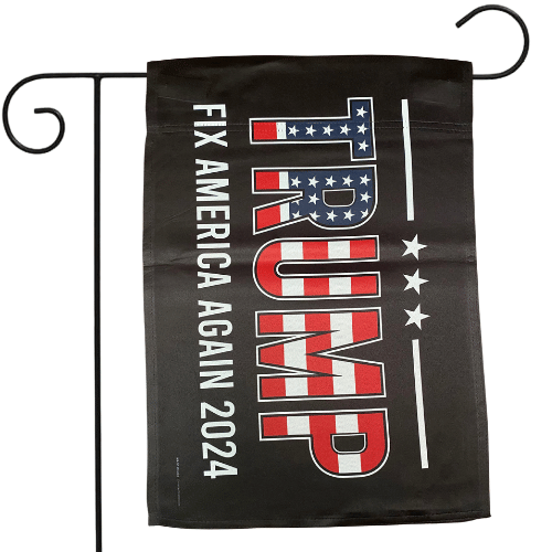 Patriotic Trump Fix America Again garden flag displayed in a yard with bold white lettering against the American flag backdrop.