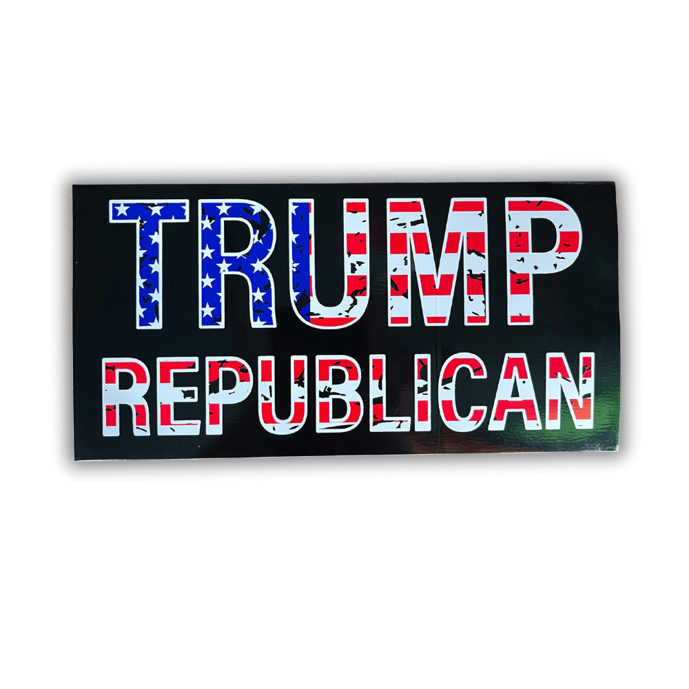 Patriotic Trump Republican bumper sticker, 7.5x4 inches, displayed on a car bumper with a bold design showcasing American pride.