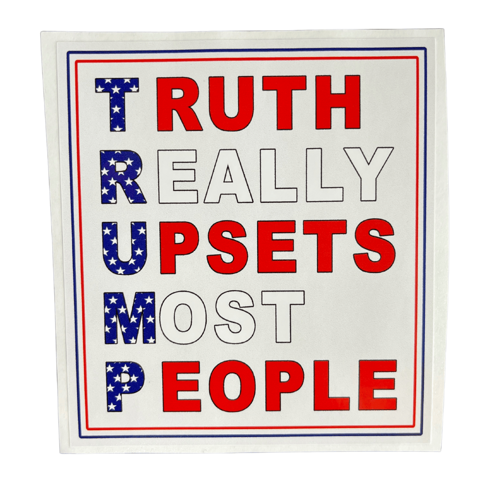 Patriotic Truth Acronym Sticker featuring bold American values displayed on a laptop beside a patriotic-themed notebook.