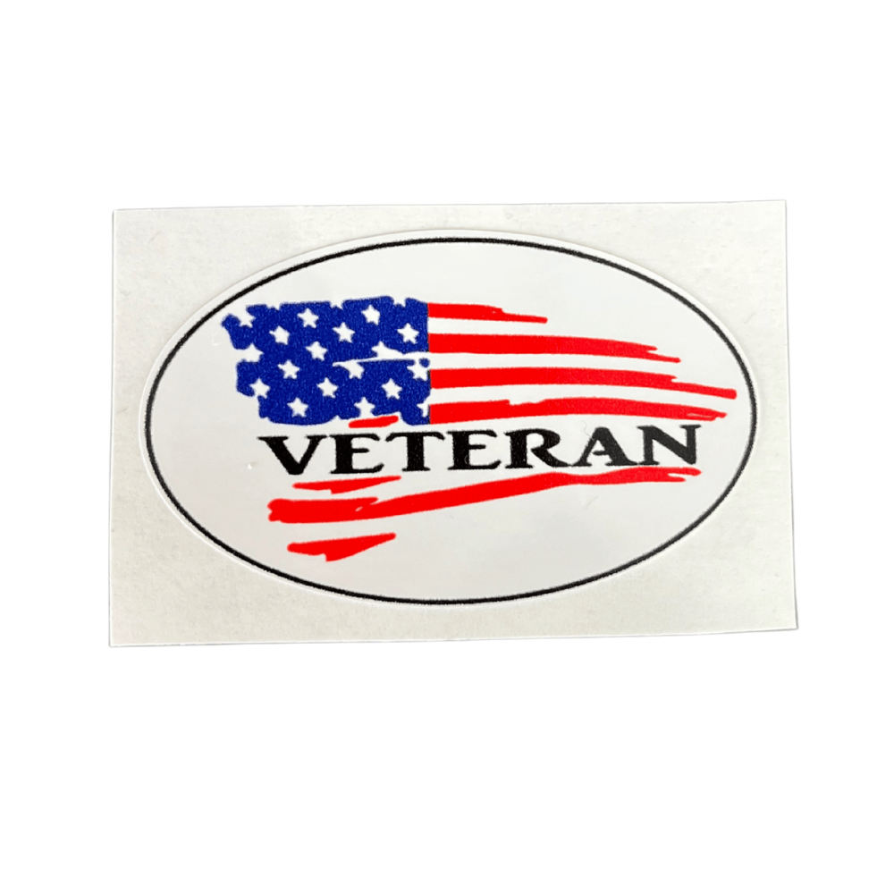 Patriotic Veteran sticker displaying bold American themes on a smooth surface, showcasing its vibrant colors and weather-resistant quality.