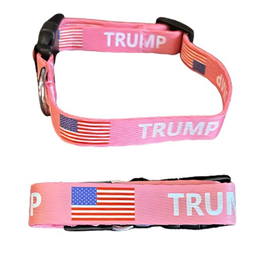 Pink Trump Dog Collar designed for small dogs, featuring the name 'Trump' prominently displayed, perfect for pet lovers.