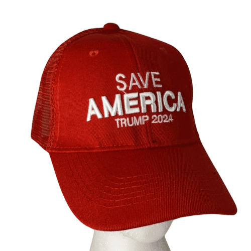 Plain Red Mesh Save America Trump 2024 Hat with embroidered message displayed against a neutral background, showcasing the vibrant red color and breathable design.