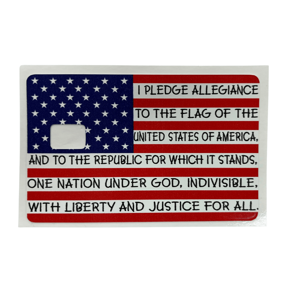Pledge of Allegiance credit card cover featuring a vibrant American flag design and text of the Pledge displayed on a card.