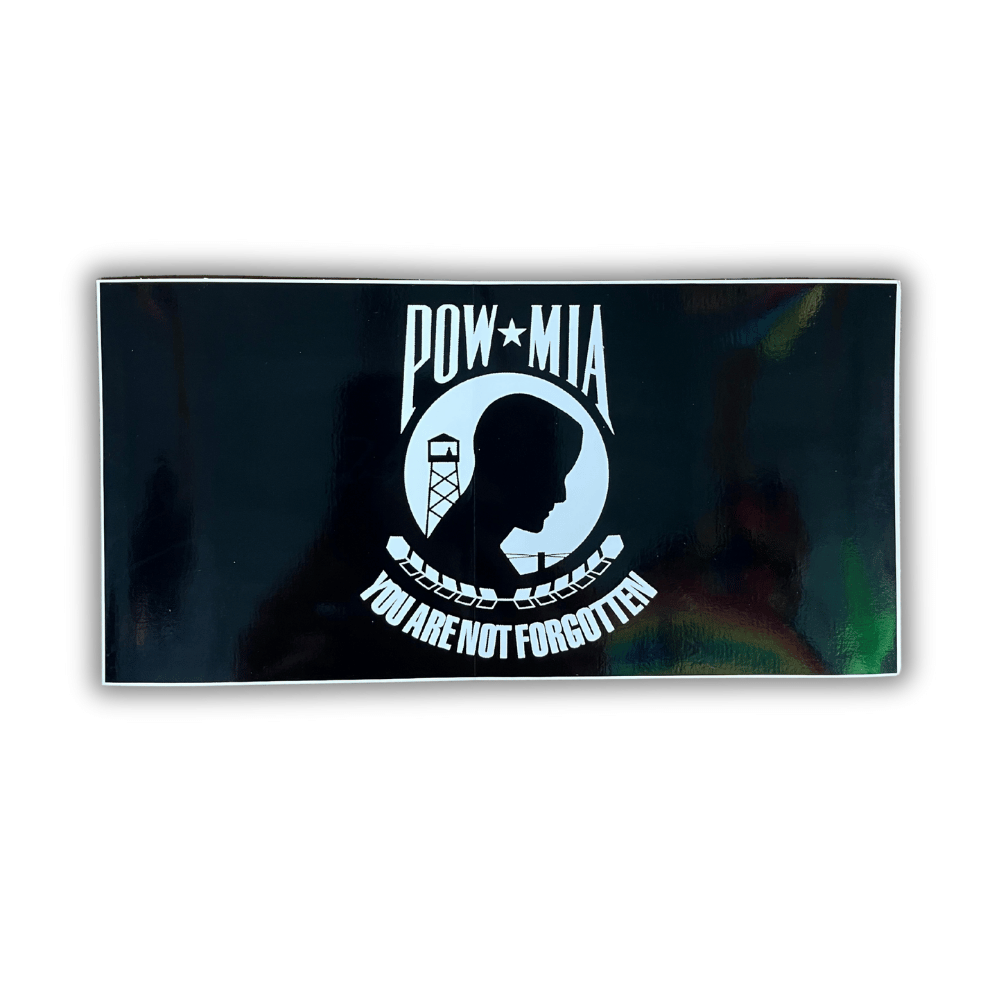 POW MIA bumper sticker measuring 7.5 x 4 inches, featuring a high-visibility design displayed on a car bumper.