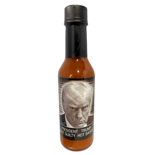 President Trump Mugshot Hot Sauce featuring a striking black-and-white mugshot label, perfect for spice lovers and collectors.