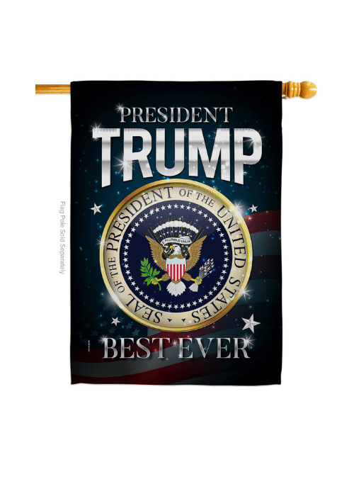 President Trump Seal house flag, double-sided with vibrant colors, displayed outdoors on a flagpole, showcasing American pride.