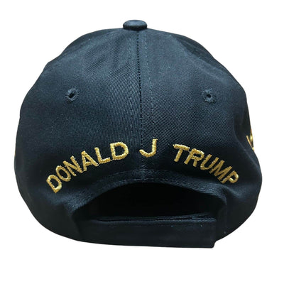 President Trump Signature & Seal 45/47 Gold Hat featuring black fabric, gold embroidered Presidential Seal and signature, and American flag detail.
