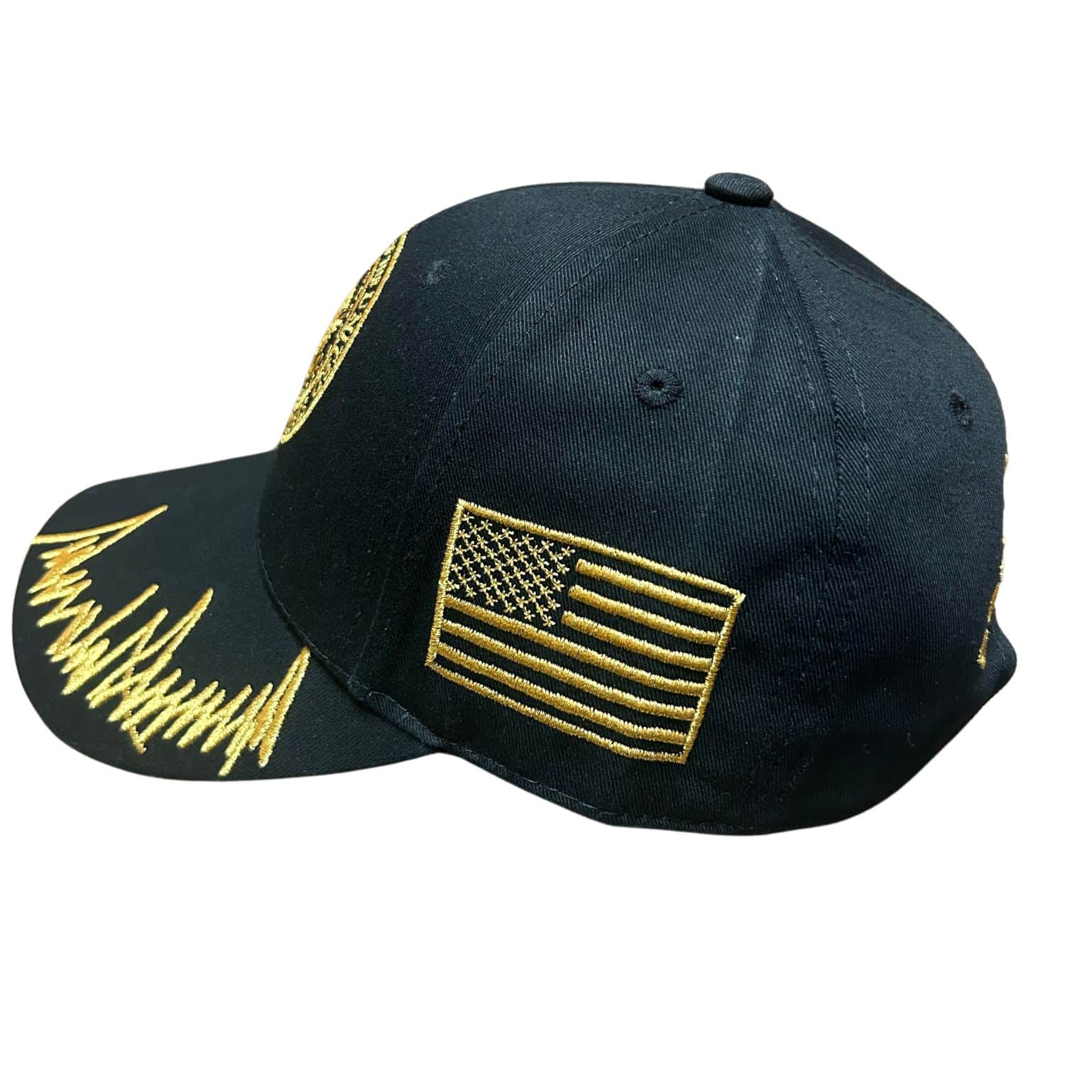 President Trump Signature & Seal 45/47 Gold Hat featuring black fabric, gold embroidered Presidential Seal and signature, and American flag detail.