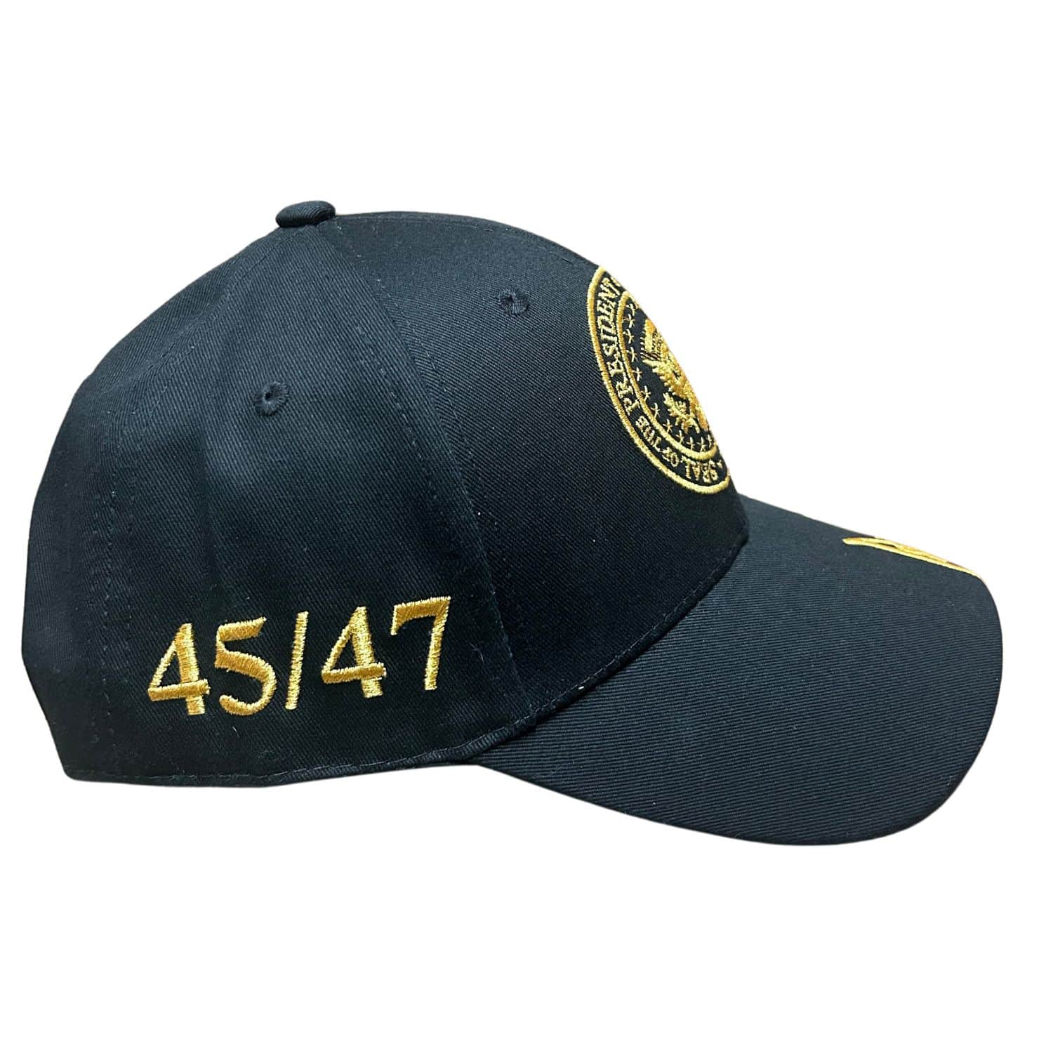 President Trump Signature & Seal 45/47 Gold Hat featuring black fabric, gold embroidered Presidential Seal and signature, and American flag detail.