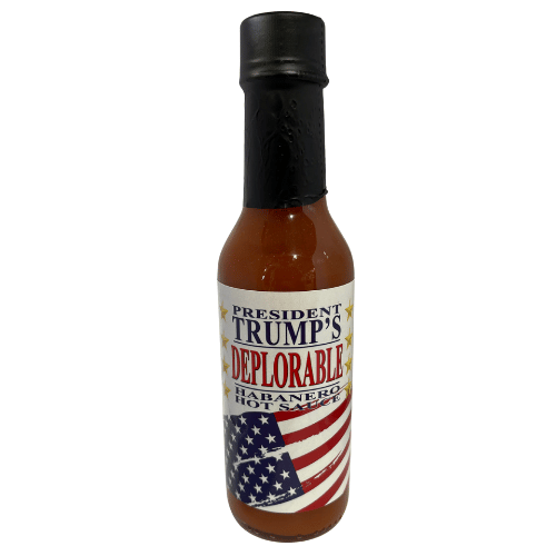 A bottle of President Trump's Deplorable Habanero Hot Sauce featuring vibrant labeling with an American flag design, highlighting its bold flavor and political humor.