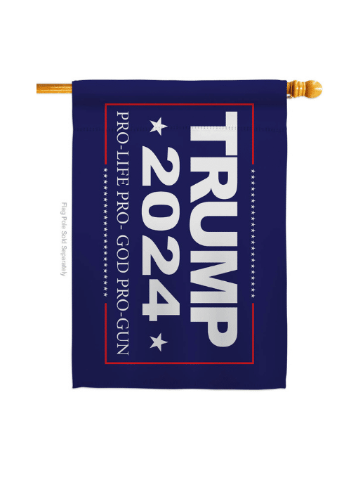 Pro Life, Pro God, Pro Gun Trump House Flag featuring double-sided design, made from all-weather polyester, displayed proudly in a yard setting.