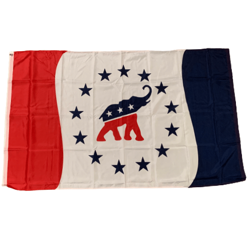 Pro Republican Party 3x5 flag made of high-quality nylon with quad-stitched edges, prominently displaying the Republican emblem on a flagpole.