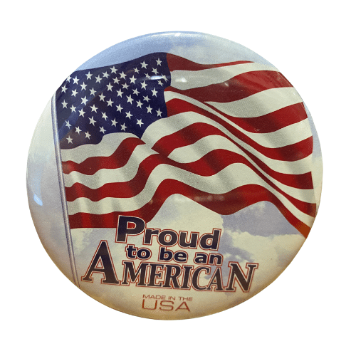 Proud To Be An American Metal Pin featuring the American flag, a 3-inch circular design worn on various outfits to showcase patriotism.