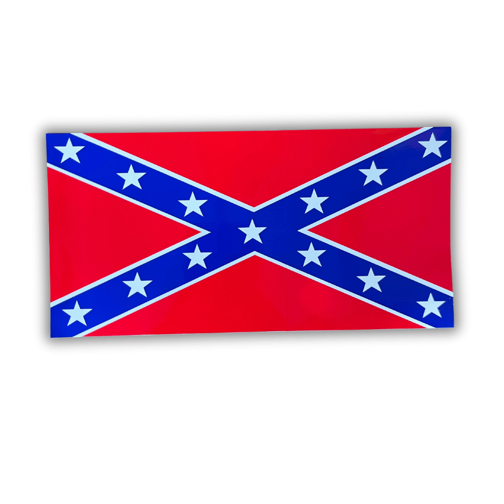 Rebel Battle Flag bumper sticker measuring 7.5x4 inches applied on a car bumper, showcasing vibrant patriotic design in an outdoor setting.