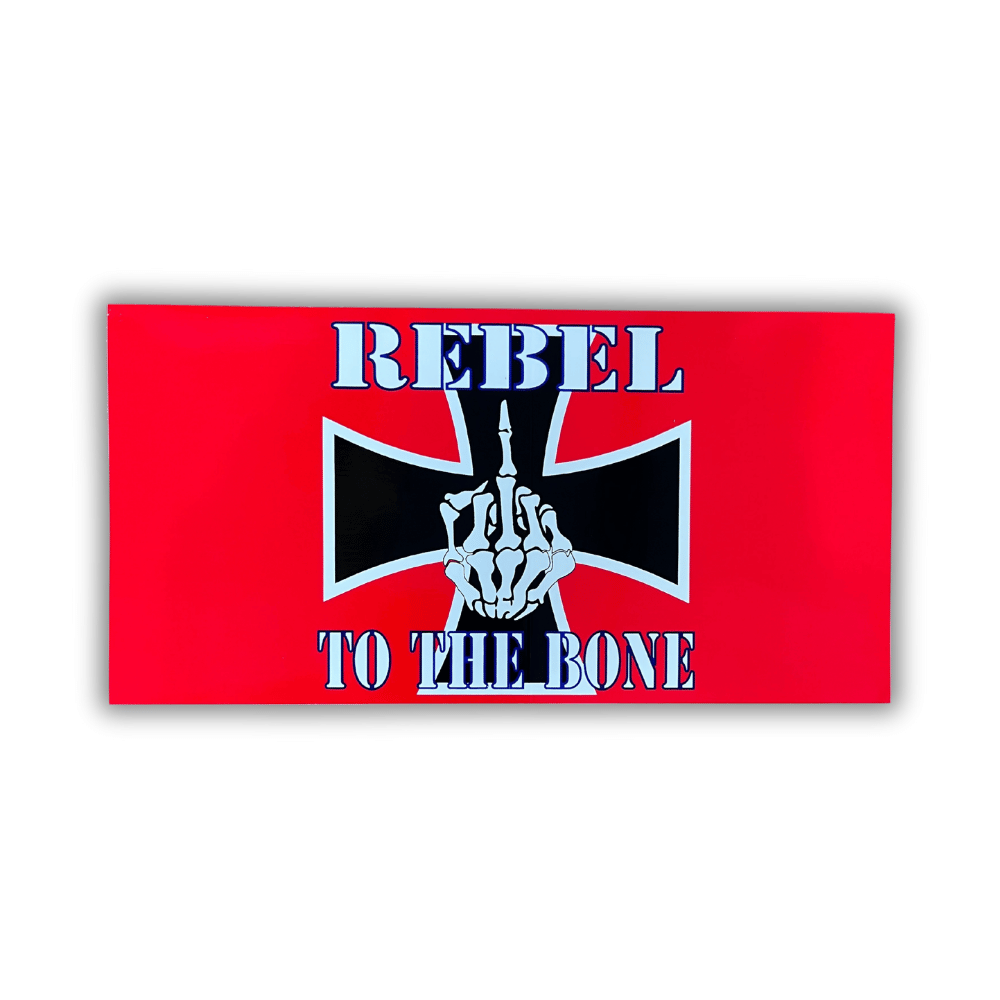 Rebel To The Bone bumper sticker prominently displayed on a car, showcasing a vibrant patriotic design made from durable outdoor-grade vinyl.