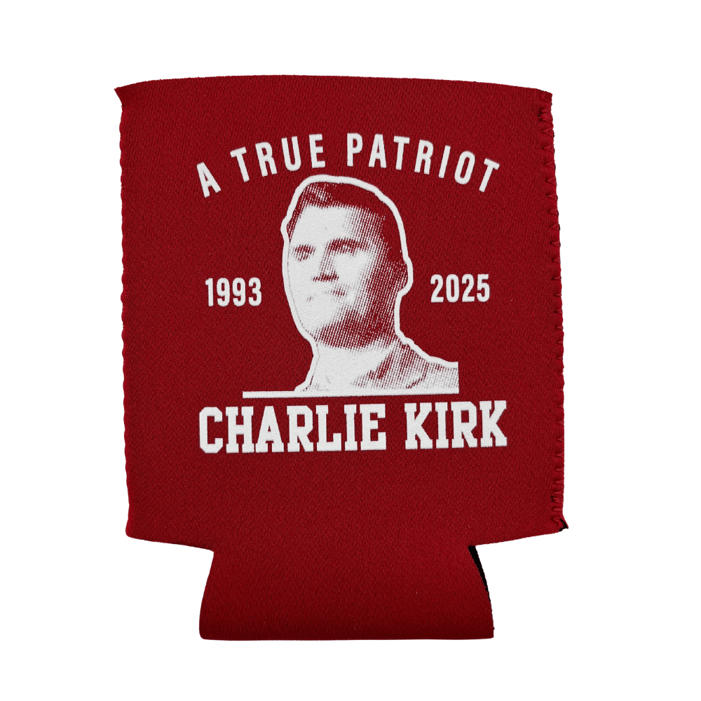 Red Charlie Kirk True Patriot Koozie featuring white portrait artwork and bold lettering, perfect for keeping drinks cold at rallies.