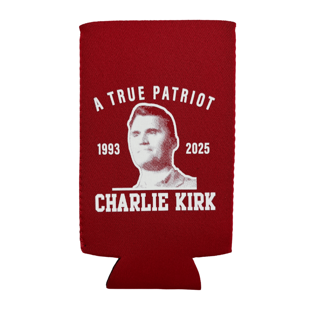 Red Charlie Kirk True Patriot Skinny Koozie featuring white portrait artwork and lettering, designed for slim cans to keep beverages cold.