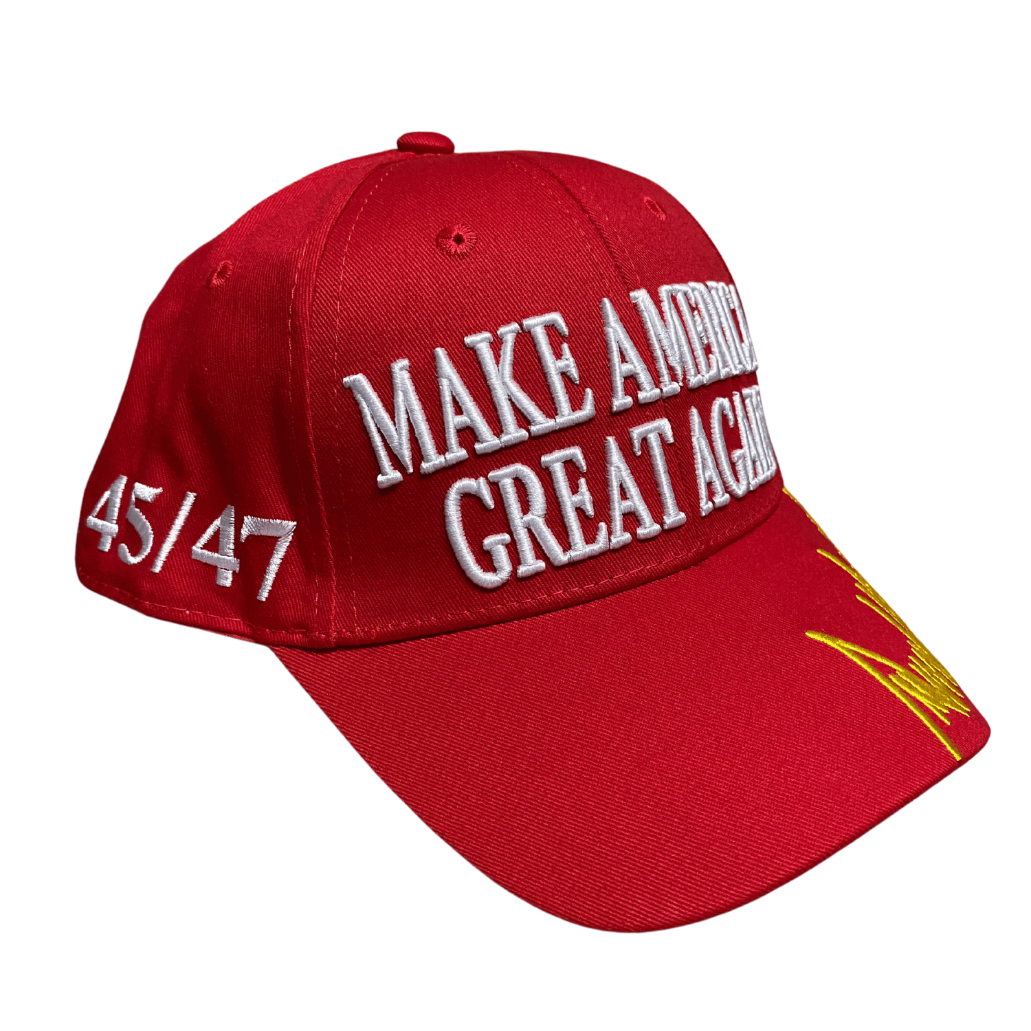 Red MAGA 45/47 Hat featuring bold white 'Make America Great Again' embroidery and gold Trump signature, displayed outdoors.