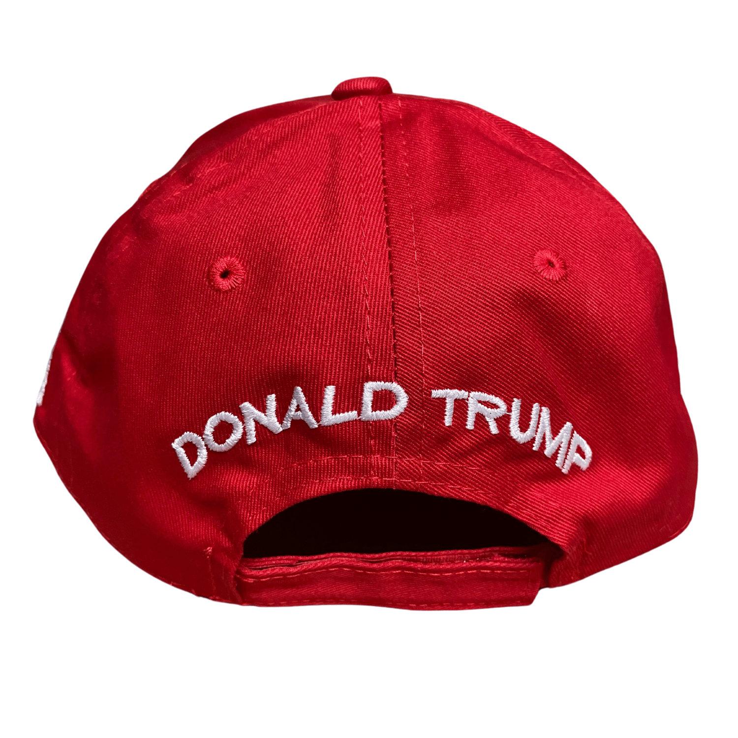Red MAGA 45/47 Hat featuring bold white 'Make America Great Again' embroidery and gold Trump signature, displayed outdoors.