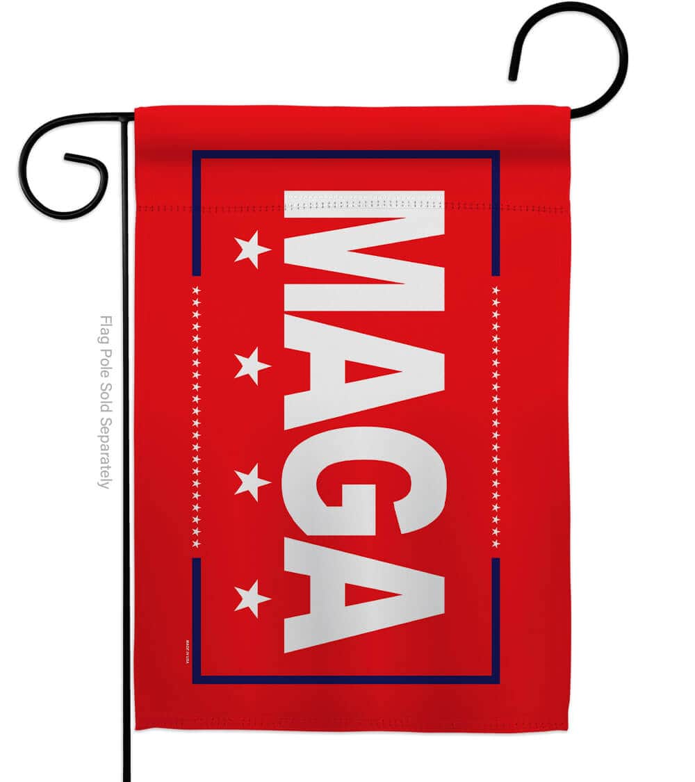 Red MAGA garden flag showcasing bold lettering in a garden setting, designed for outdoor visibility and patriotism.