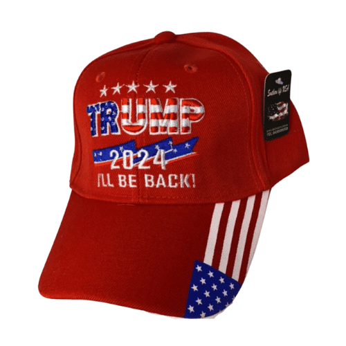 Red Patriotic Trump 2024 'I'll Be Back' Hat featuring an American flag print on the bill, displayed outdoors, symbolizing support for American leadership.