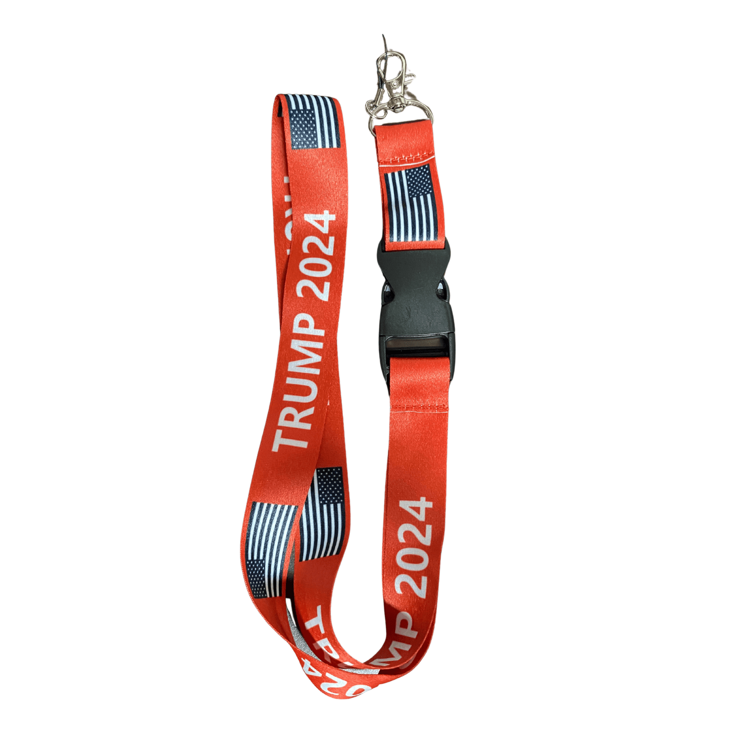 Red Patriotic Trump Lanyard with 'TRUMP 2024' in bold white against American flag accents, ready for rally or daily use.