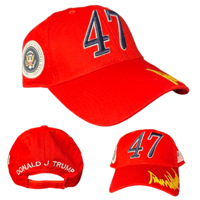 Red Presidential Seal Trump 47 Embroidered Hat featuring 'Make America Great Again' slogan, perfectly structured for style and comfort.