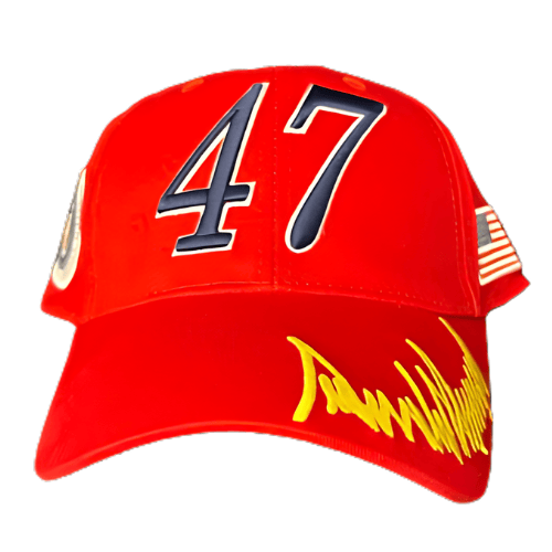 Red Presidential Seal Trump 47 Embroidered Hat featuring 'Make America Great Again' slogan, perfectly structured for style and comfort.