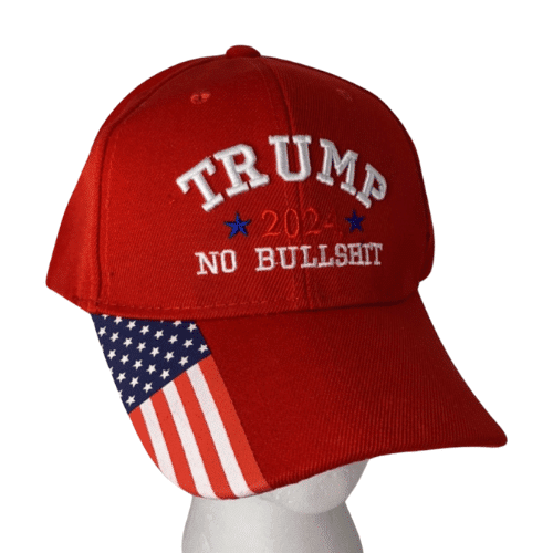 Red Trump 2024 'No Bullshit' Hat featuring American flag print, displayed against a neutral background, showcasing its vibrant colors and bold design.