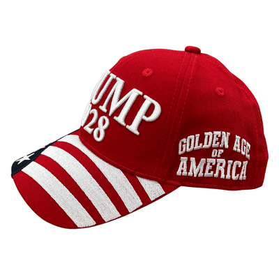 Red Trump 2028 Patriotic Hat with white 3D embroidery and an embroidered American flag bill, ideal for political rallies.