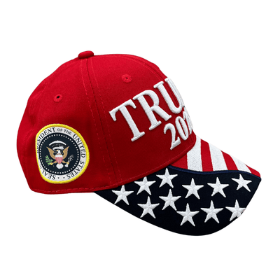 Red Trump 2028 Patriotic Hat with white 3D embroidery and an embroidered American flag bill, ideal for political rallies.
