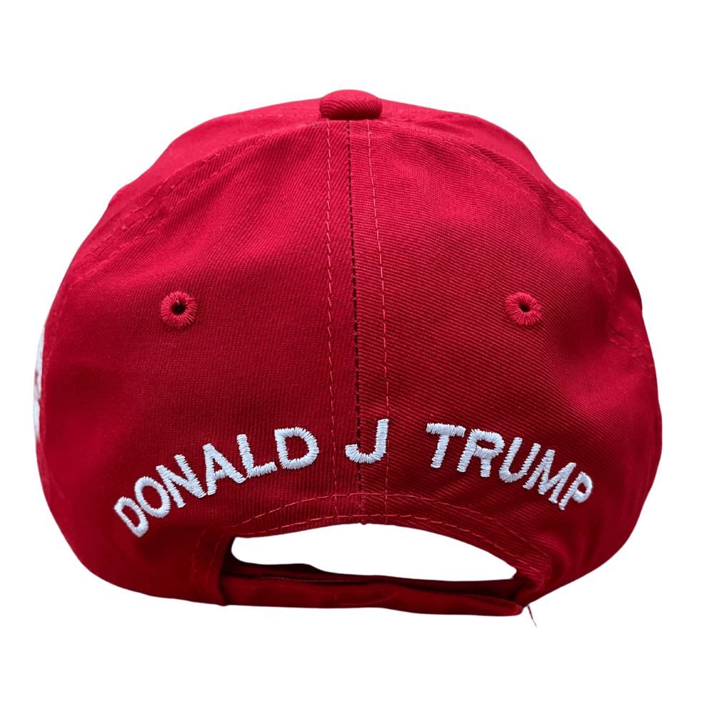 Red Trump 2028 Patriotic Hat with white 3D embroidery and an embroidered American flag bill, ideal for political rallies.