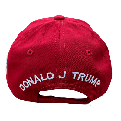 Red Trump 2028 Patriotic Hat with white 3D embroidery and an embroidered American flag bill, ideal for political rallies.