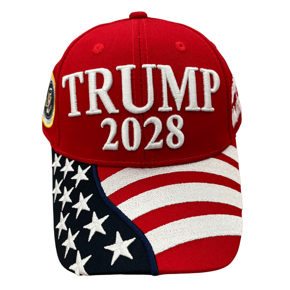 Red Trump 2028 Patriotic Hat with white 3D embroidery and an embroidered American flag bill, ideal for political rallies.