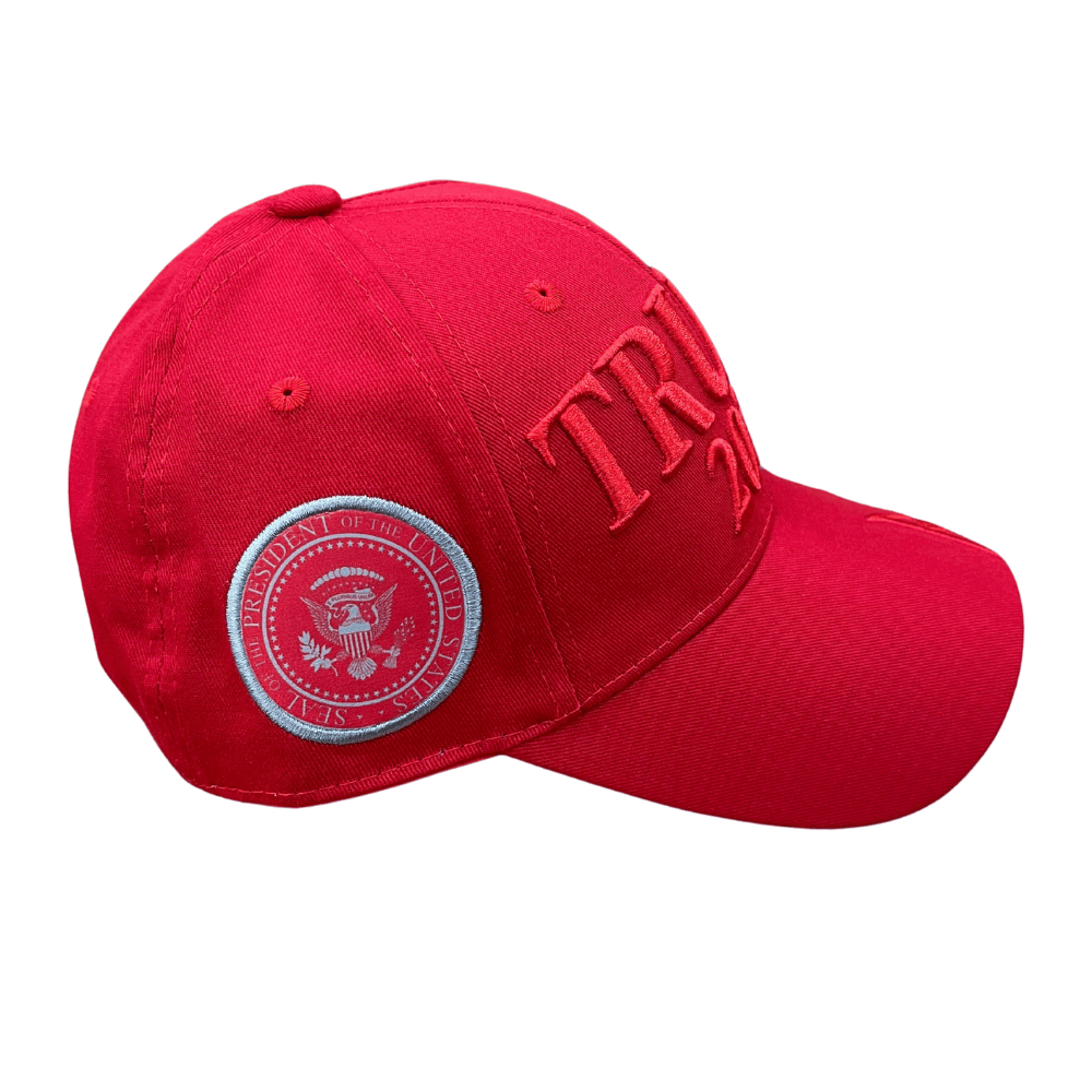 Red Trump 2028 Signature Hat featuring bold embroidery and Donald J. Trump's signature, perfect for rallies and casual occasions.