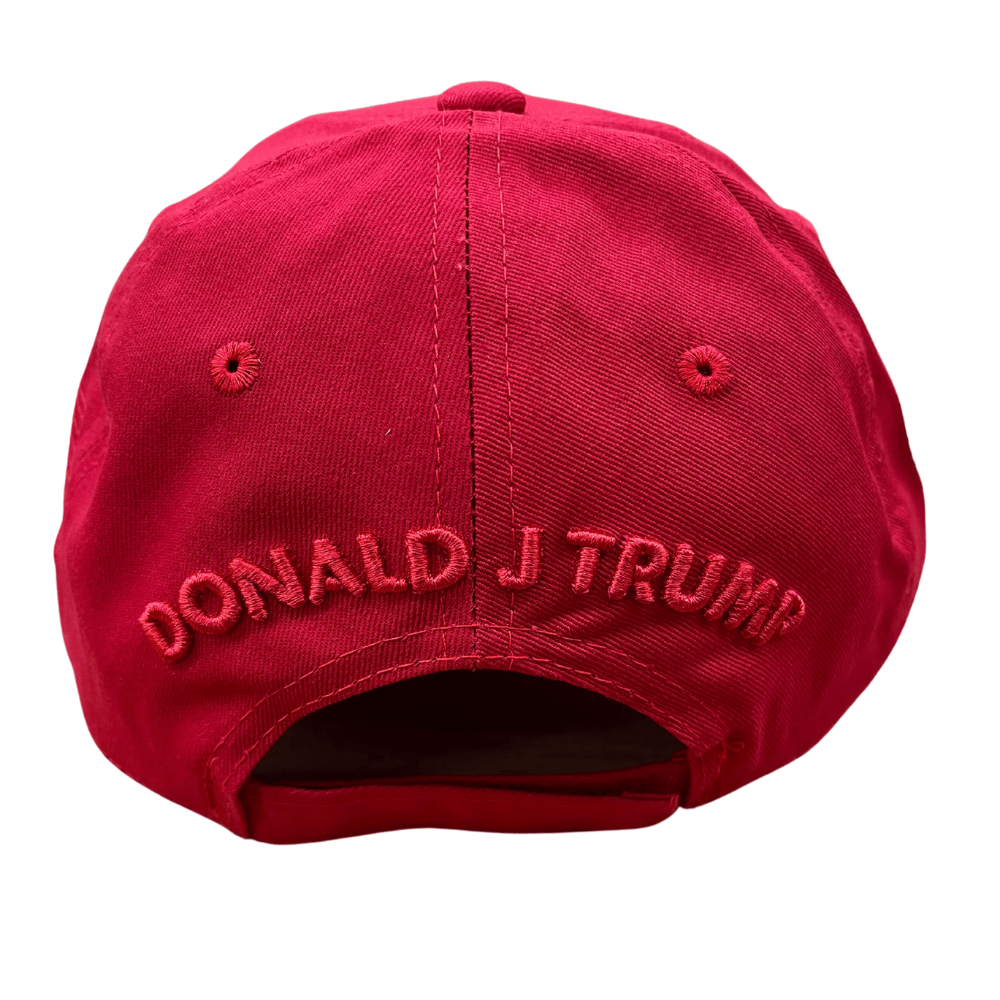 Red Trump 2028 Signature Hat featuring bold embroidery and Donald J. Trump's signature, perfect for rallies and casual occasions.