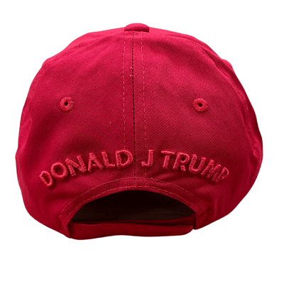 Red Trump 2028 Signature Hat featuring bold embroidery and Donald J. Trump's signature, perfect for rallies and casual occasions.