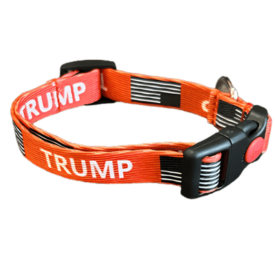 Red Trump Dog Collar for small dogs with bold 'Trump' lettering, displayed on a small dog enjoying time outdoors.