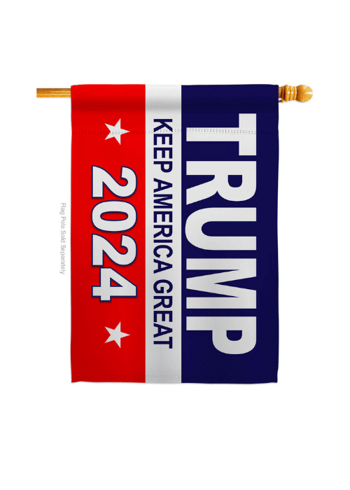 Red, White & Blue double-sided Trump 2024 house flag showing vibrant colors and design, displayed outdoors on a flag pole.