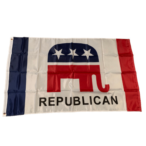 Republican Elephant 3x5 Flag made from durable nylon, featuring a prominent elephant design, displayed outdoors on a flag pole.