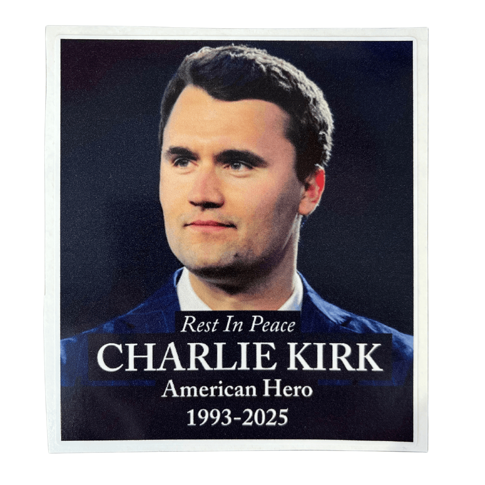 Rest In Peace Charlie Sticker made from durable, weather-resistant adhesive vinyl featuring bold American themes, displayed on a car bumper.