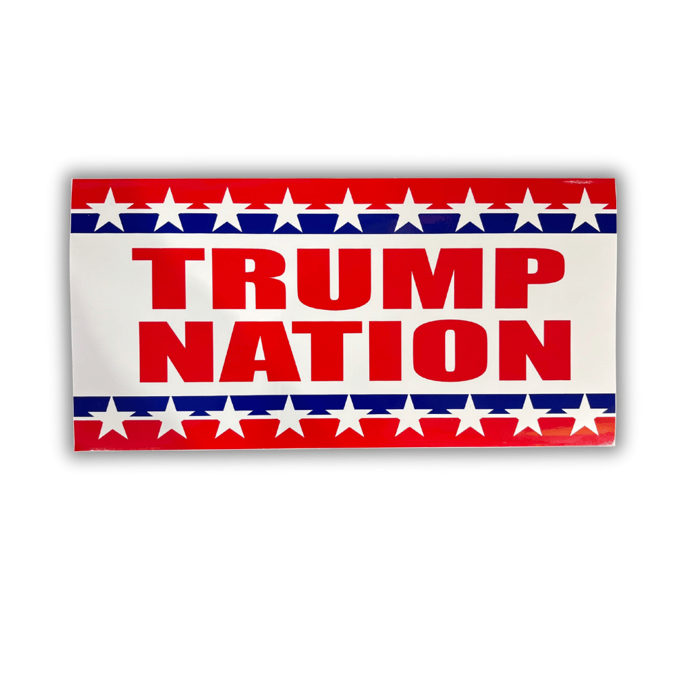 RWB Trump Nation bumper sticker displayed on a car bumper, showcasing a bold patriotic design in outdoor-grade vinyl.